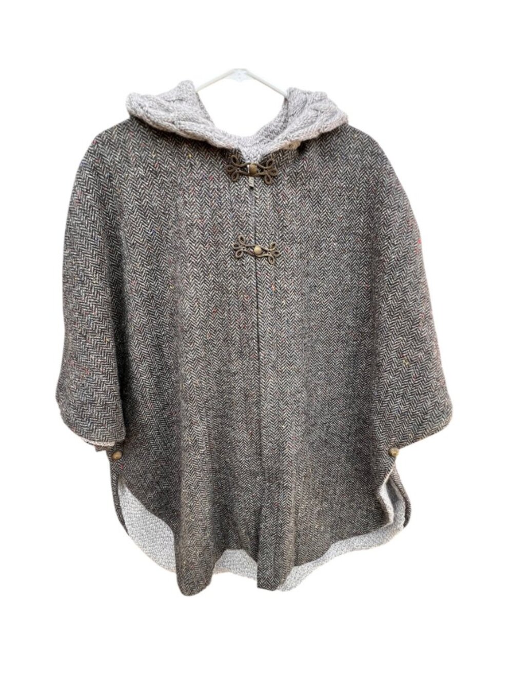 Aran Womens Tweed Poncho W/ Hood Size M/L Herringbone Merino Wool Sweater Lined - Picture 2 of 14